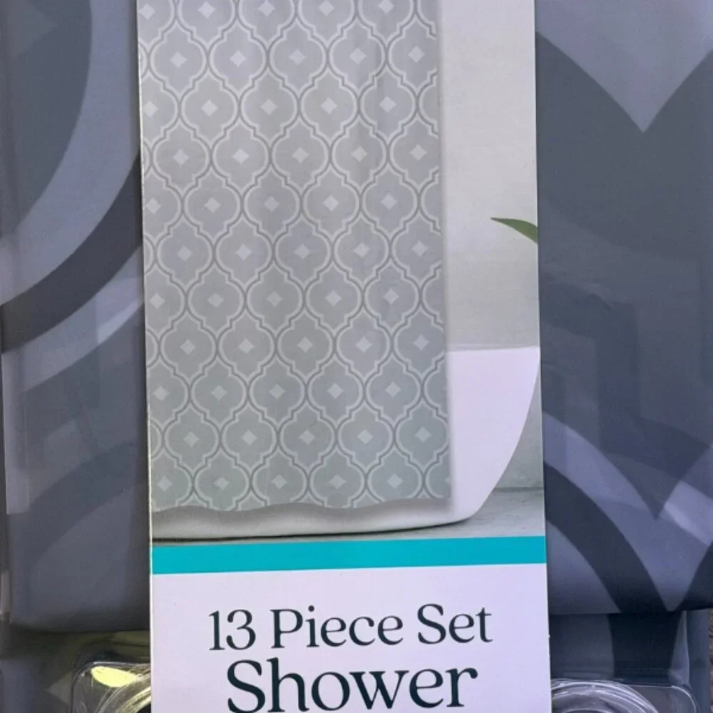 Comfort Bay 13 Pc Shower Liner Set Gray Color Block 72x72 PEVA w/ 12 Hooks